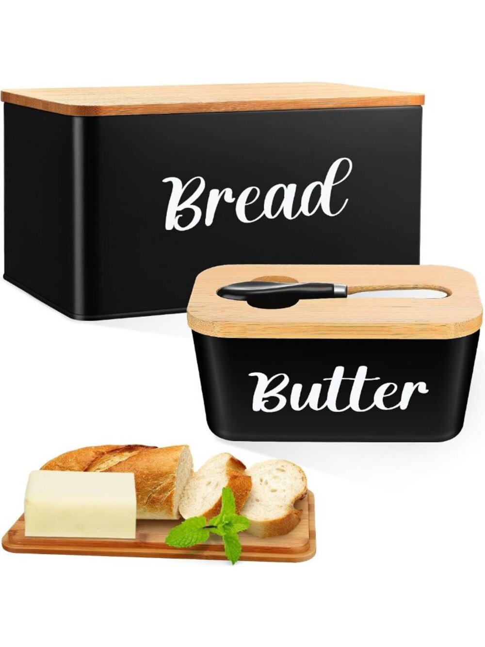 Stylish Metal Bread Container with Bamboo Lid & Knife - Kitchen Storage Solution